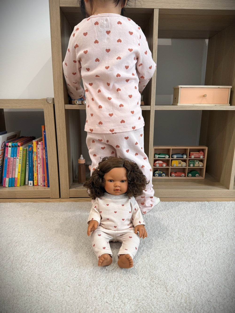 Polish-made doll clothes with mauve heart print matches Leni Romi Dreamy Mauve collection