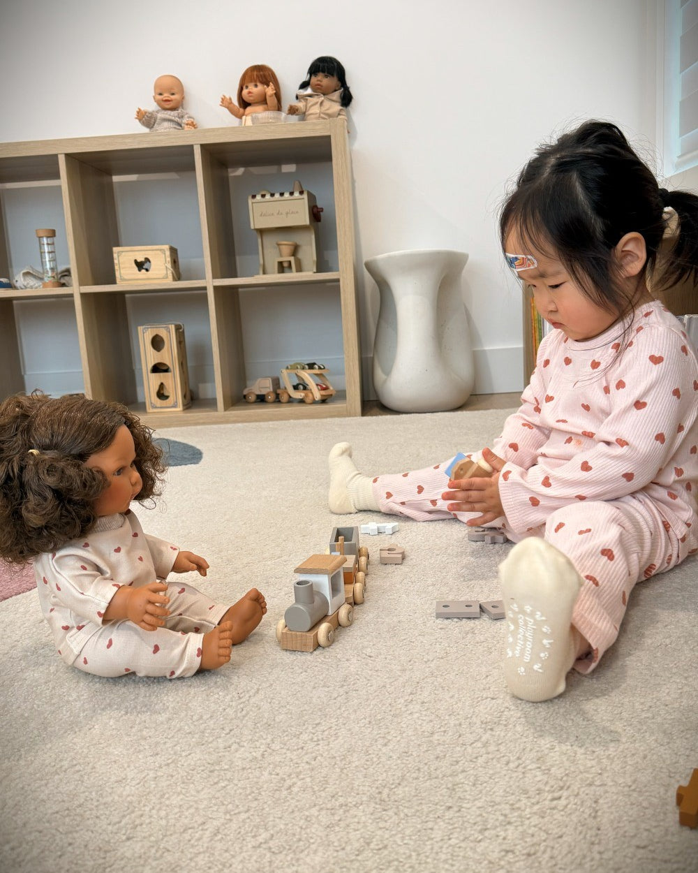 Matching doll clothes set coordinates with human Dreamy Mauve Hearts children's wear