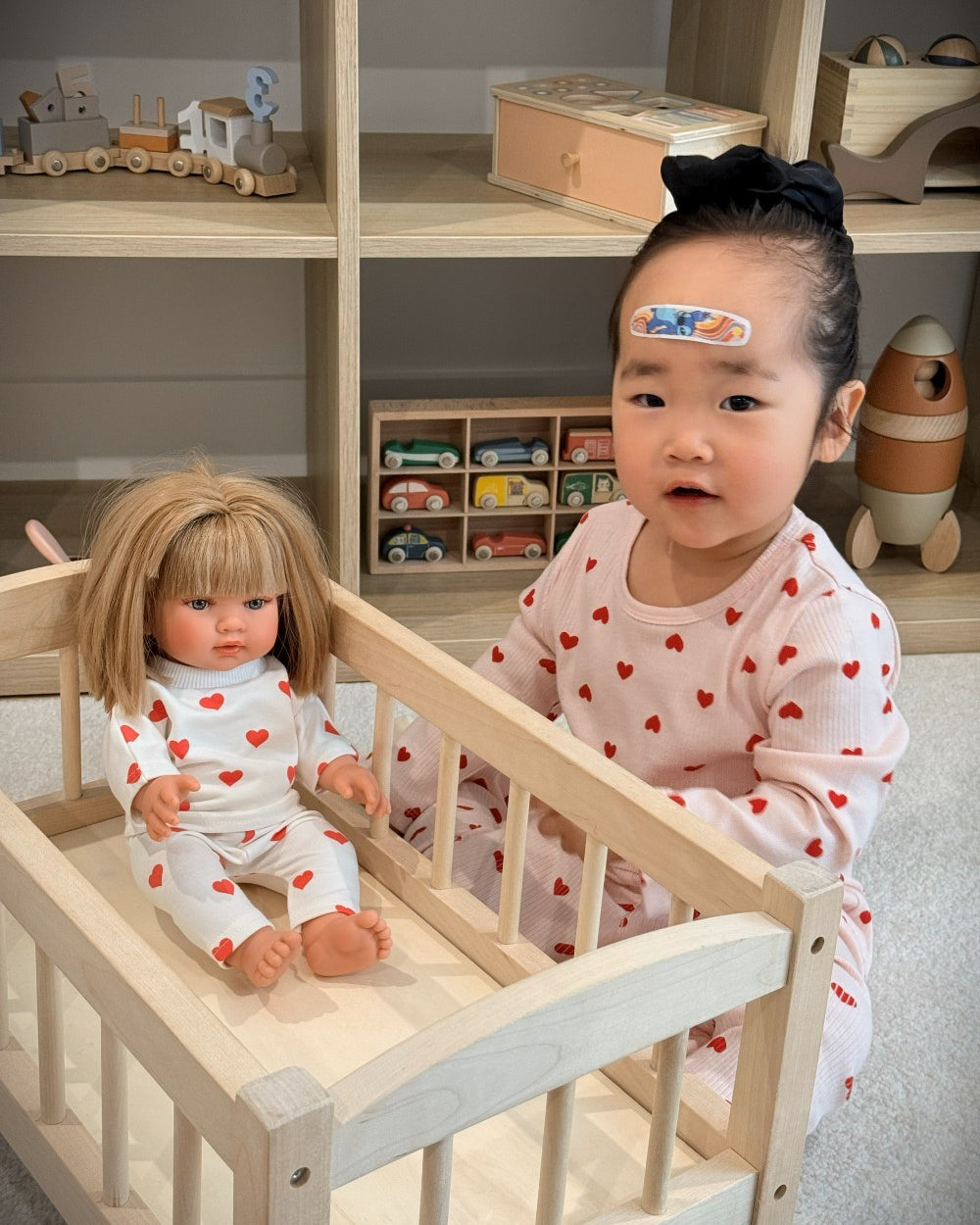 Year-round hearts collection doll clothes red print on cream coordinating set