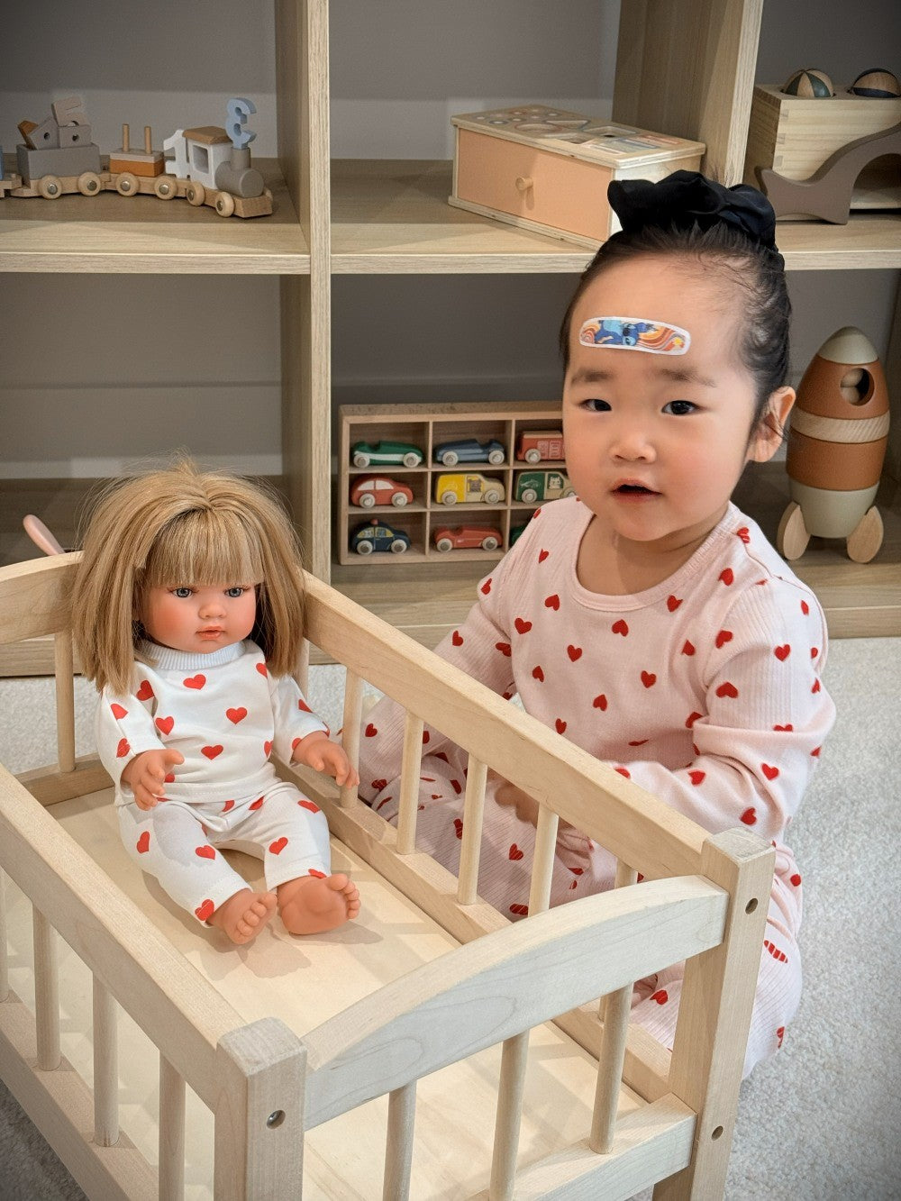 Year-round hearts collection doll clothes red print on cream coordinating set