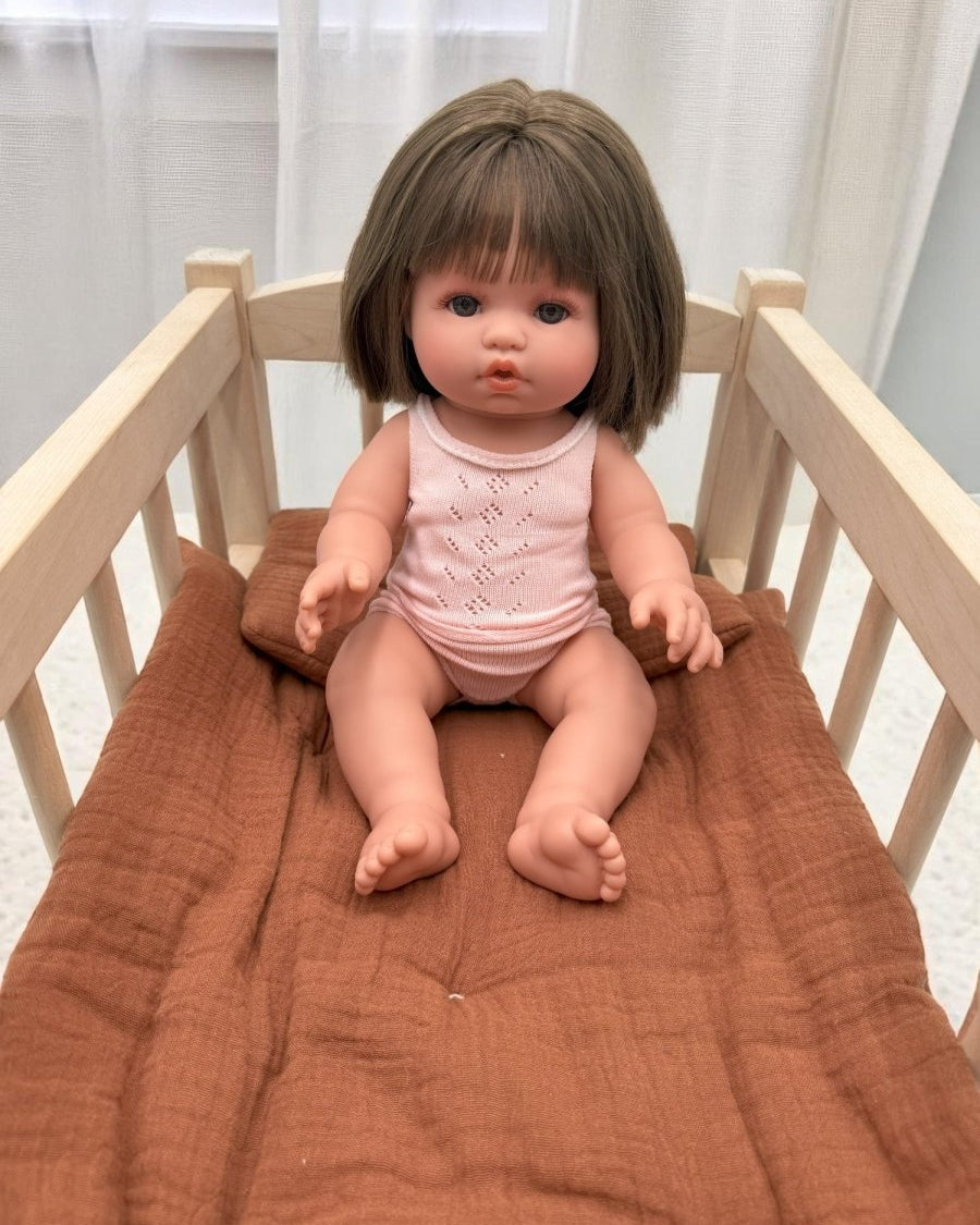 Real life baby doll Milan 13-inch Spanish-made with straight brown hair for quality pretend play