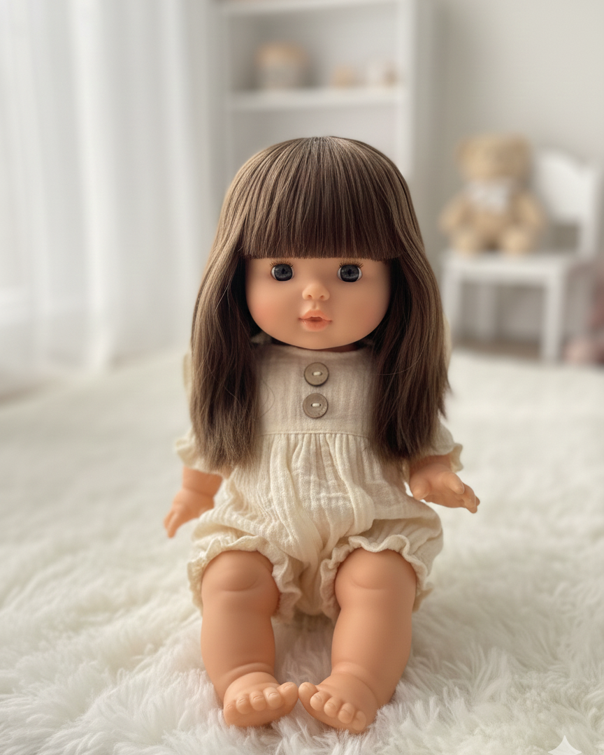 Minikane Cherry doll with long brunette hair and blue eyes wearing linen romper