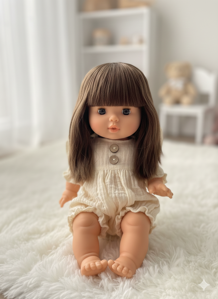 Minikane Cherry doll with long brunette hair and blue eyes wearing linen romper