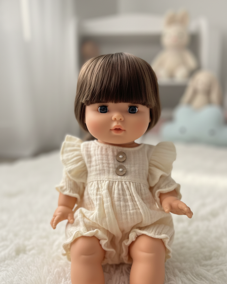 Spanish-made 13-inch Cherry doll showing realistic facial features and vanilla-scented vinyl body