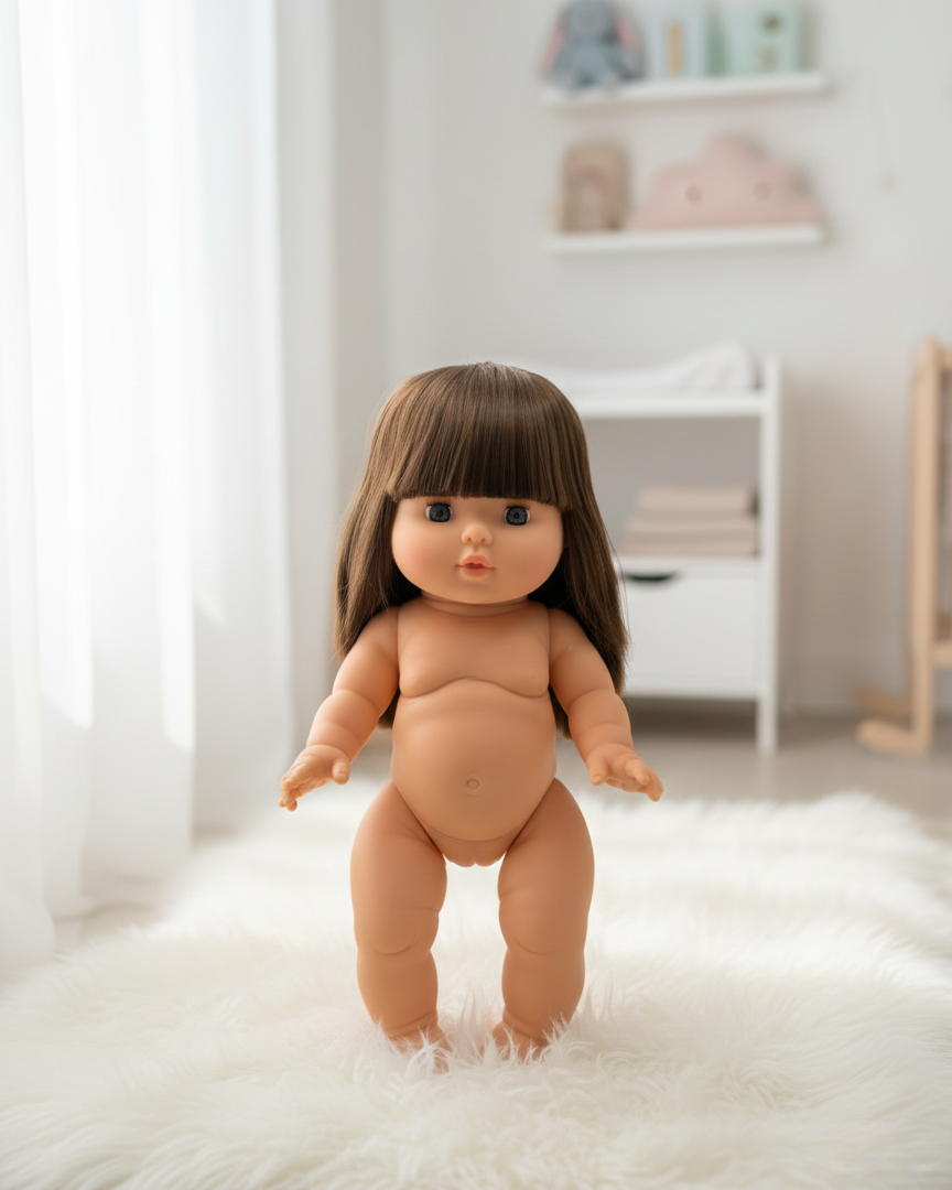 Brunette Minikane doll with movable arms and legs for dynamic pretend play posing