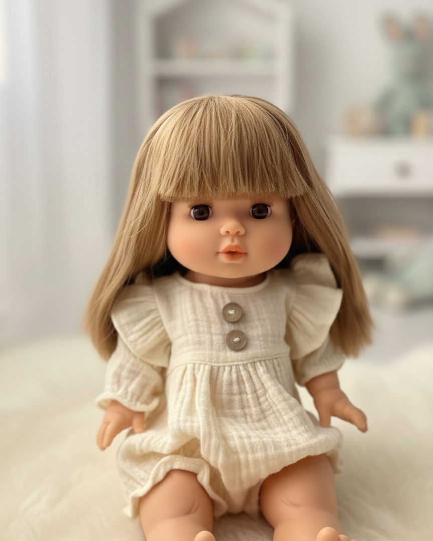 Minikane Nina doll with long blonde hair and brown eyes in cream linen romper