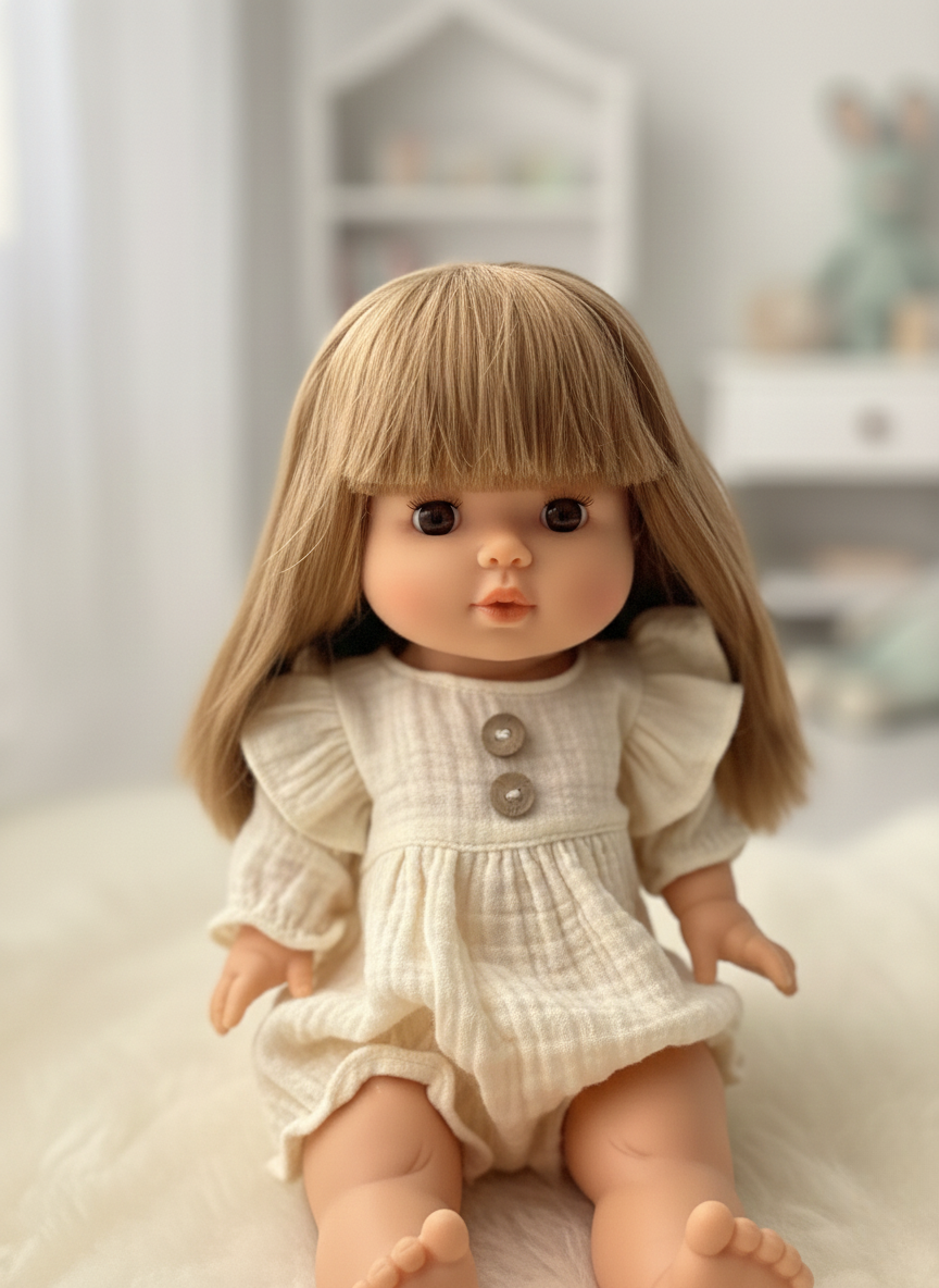 Minikane Nina doll with long blonde hair and brown eyes in cream linen romper