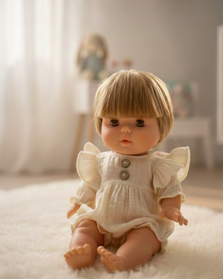 Spanish-made 13-inch Nina doll showing realistic features and vanilla-scented vinyl body