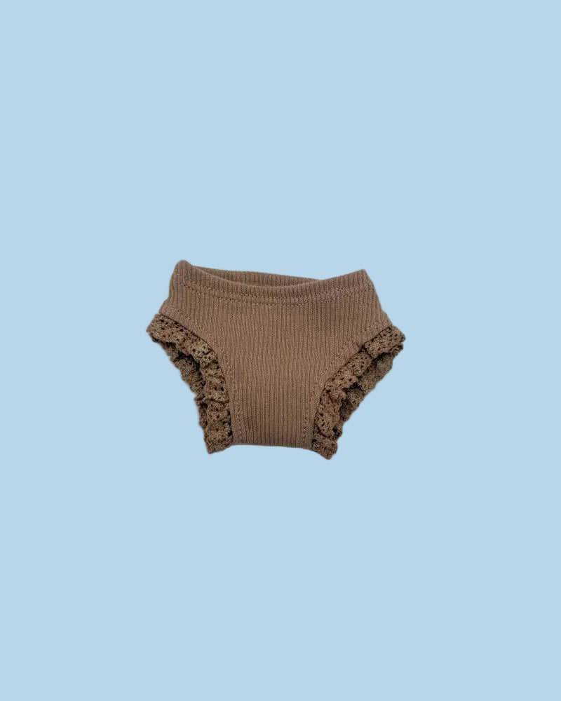 Brown baby bloomers with ruffled edges