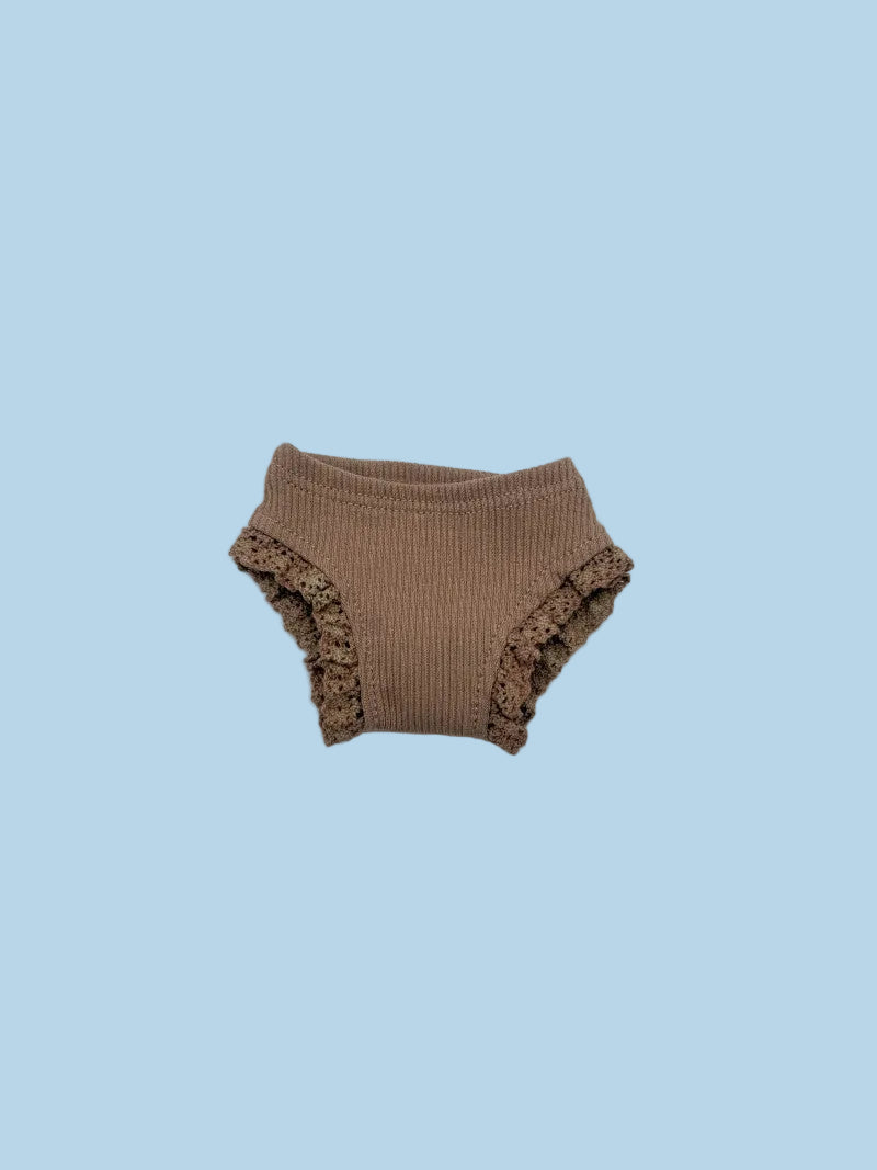 Brown baby bloomers with ruffled edges