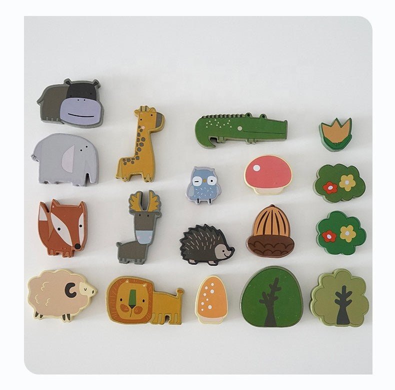 Complete set of wooden Montessori animal stacking blocks featuring colorful forest creatures and trees