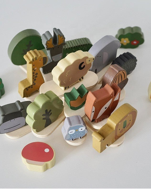 Child-safe wooden stacking blocks featuring hedgehog, elephant, and woodland creatures for playroom
