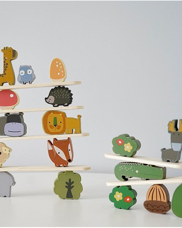 Montessori wooden balancing platforms in various lengths for stacking block animal arrangements