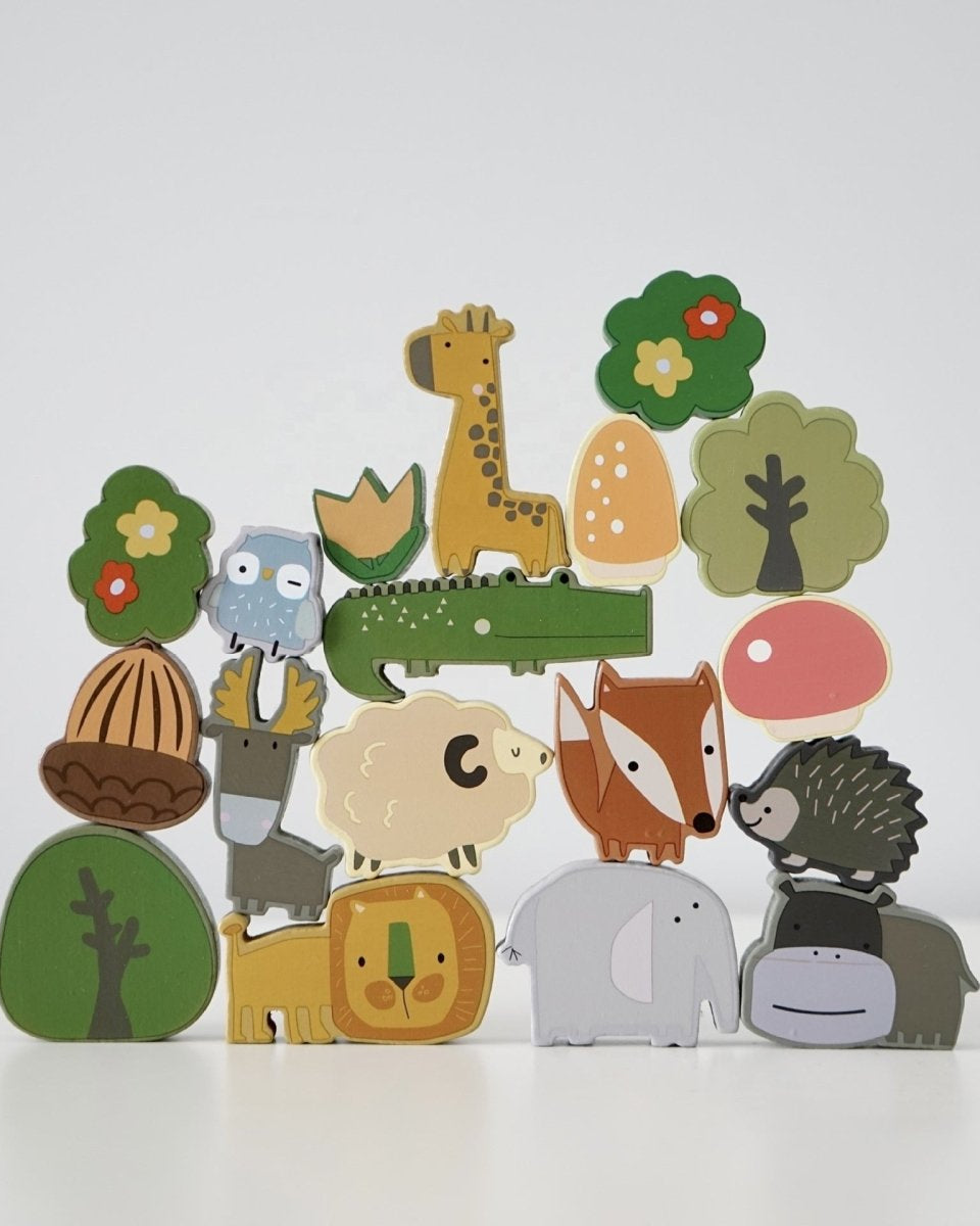 Non-toxic painted wooden animal stacking blocks with nature elements for developmental play