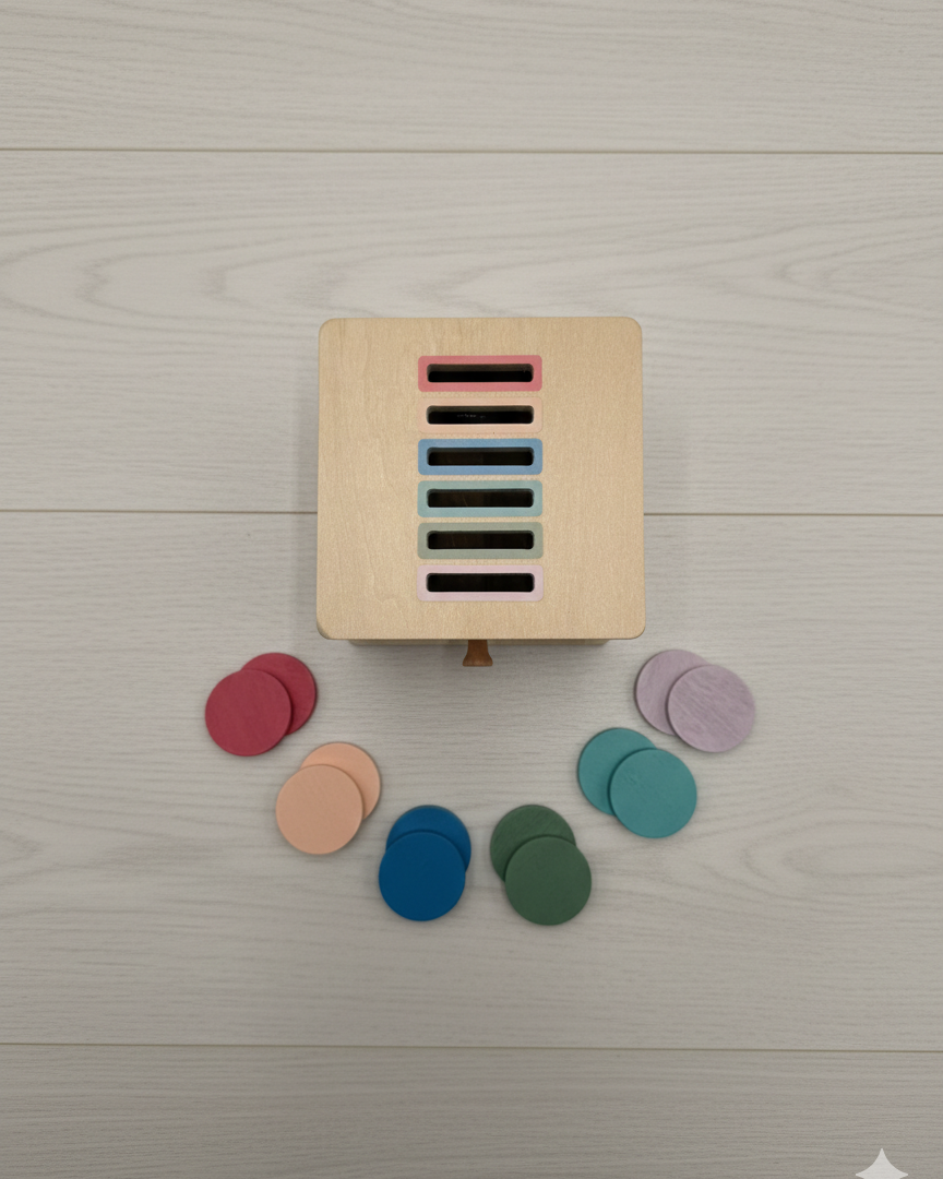 Montessori wooden coin sorting box with colorful coins and storage drawer