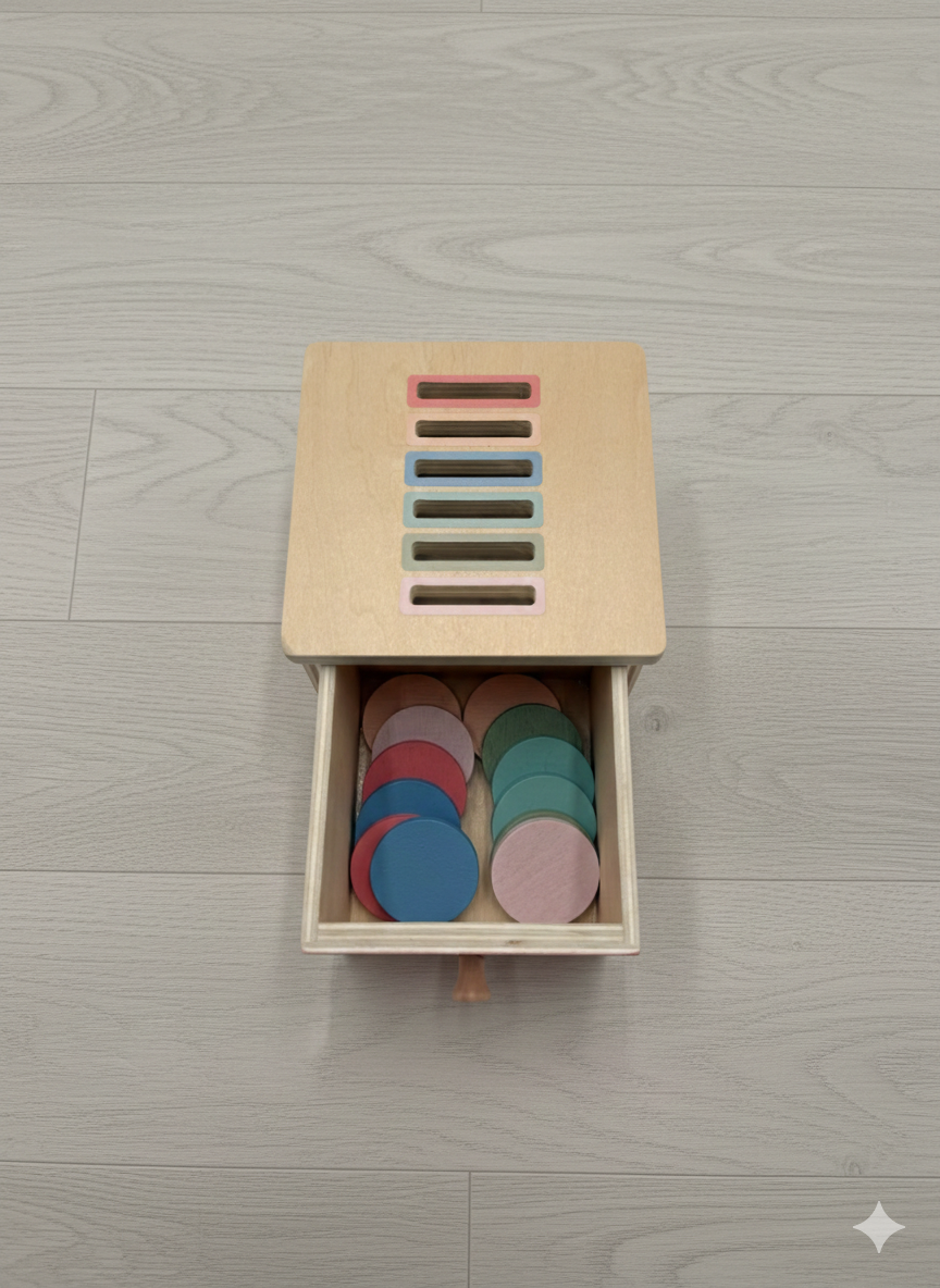 Natural wood coin box showing slot openings for fine motor skill development