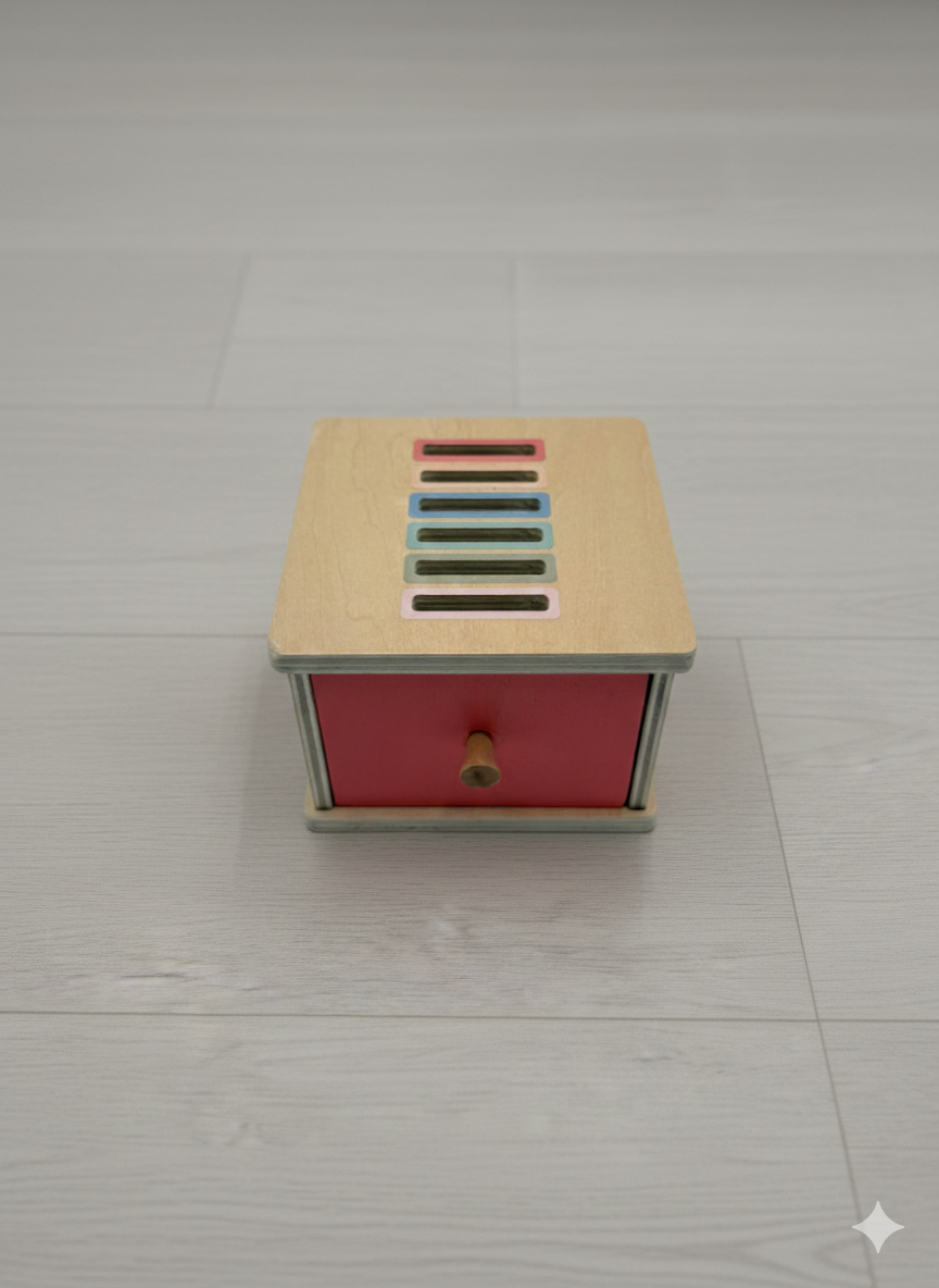 Compact coin sorting toy with pastel colored wooden coins ages 3 plus