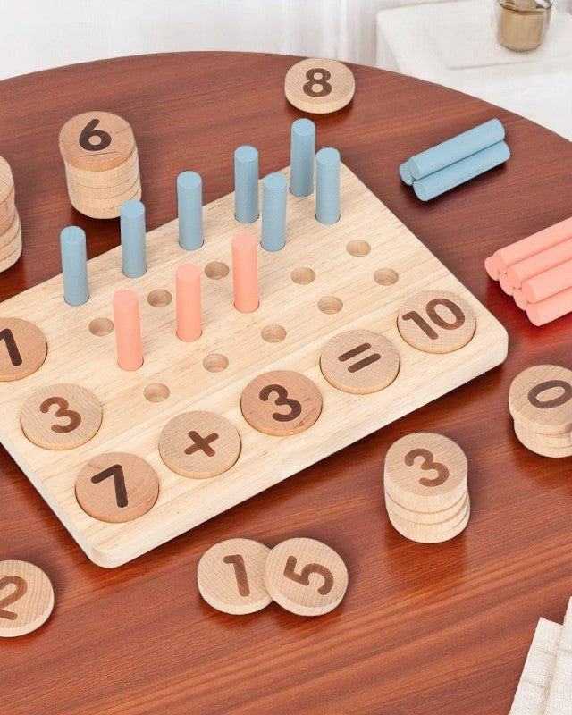 Complete wooden Montessori mathematics board with colored counting pegs and number discs for early arithmetic learning