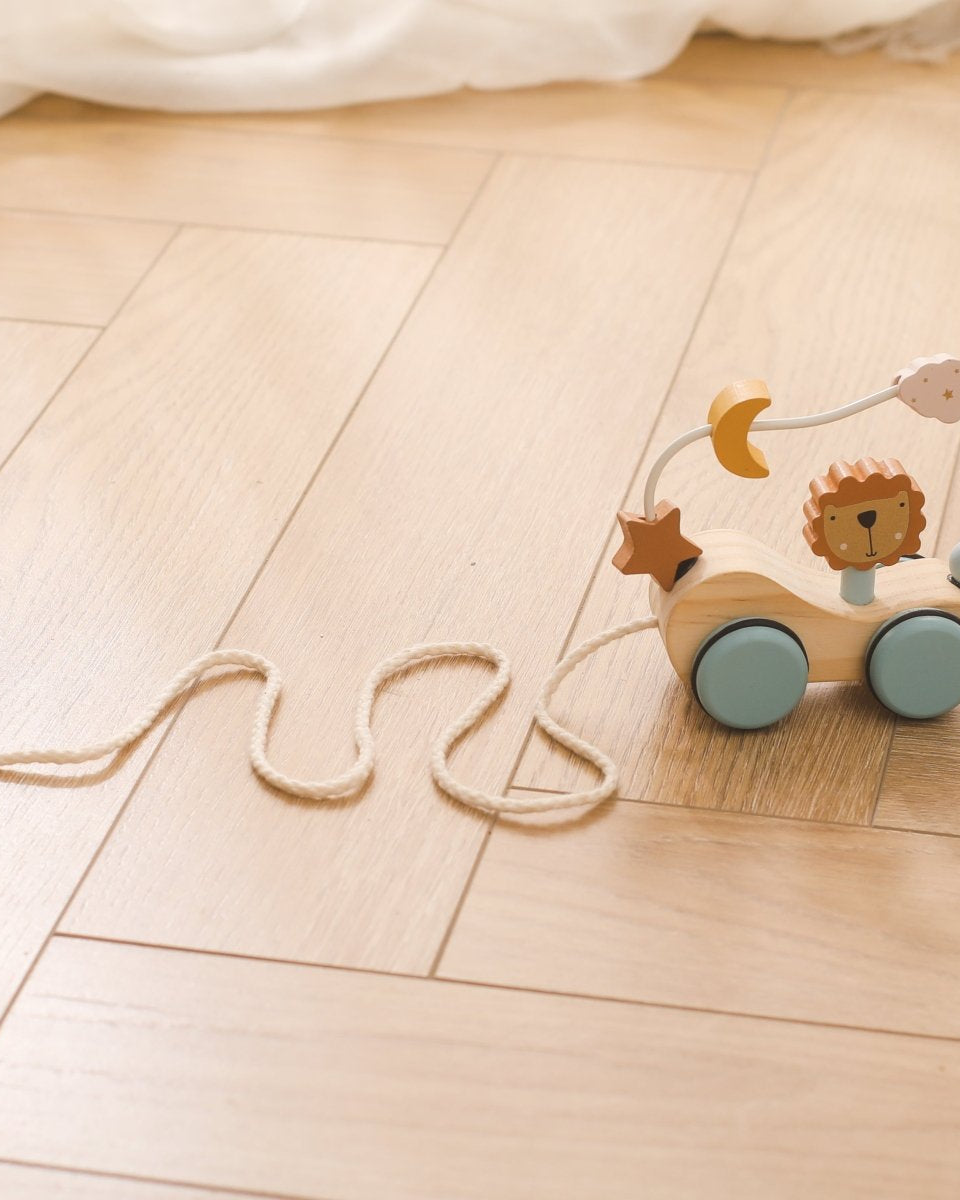 Close-up of wooden lion pull toy showing detailed craftsmanship and non-toxic pastel finishes