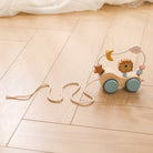 Close-up of wooden lion pull toy showing detailed craftsmanship and non-toxic pastel finishes