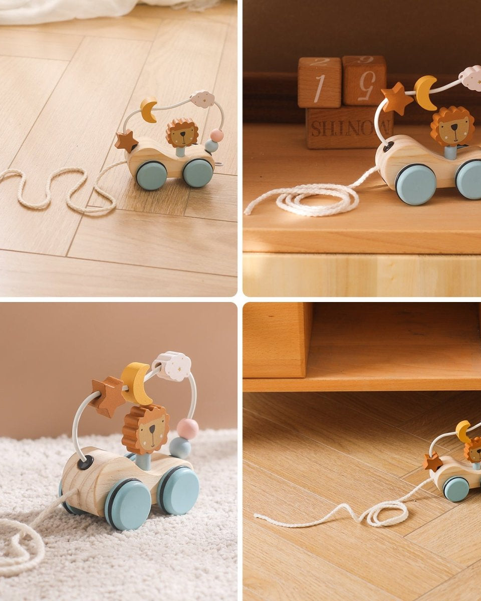 Montessori wooden pull toy showcasing eco-friendly materials and water-based safety paint