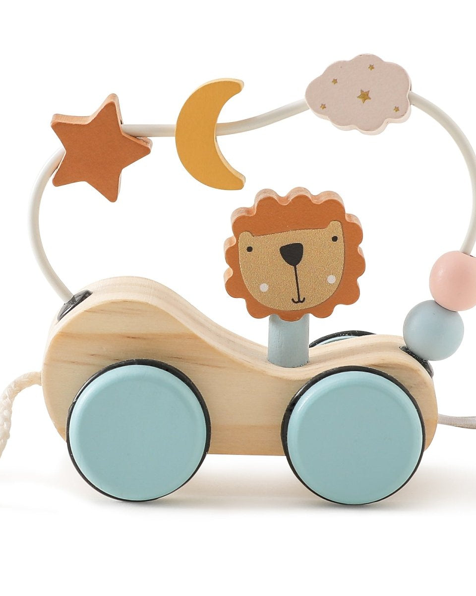Feature highlights of wooden lion pull toy including smooth wheels and interactive bead elements