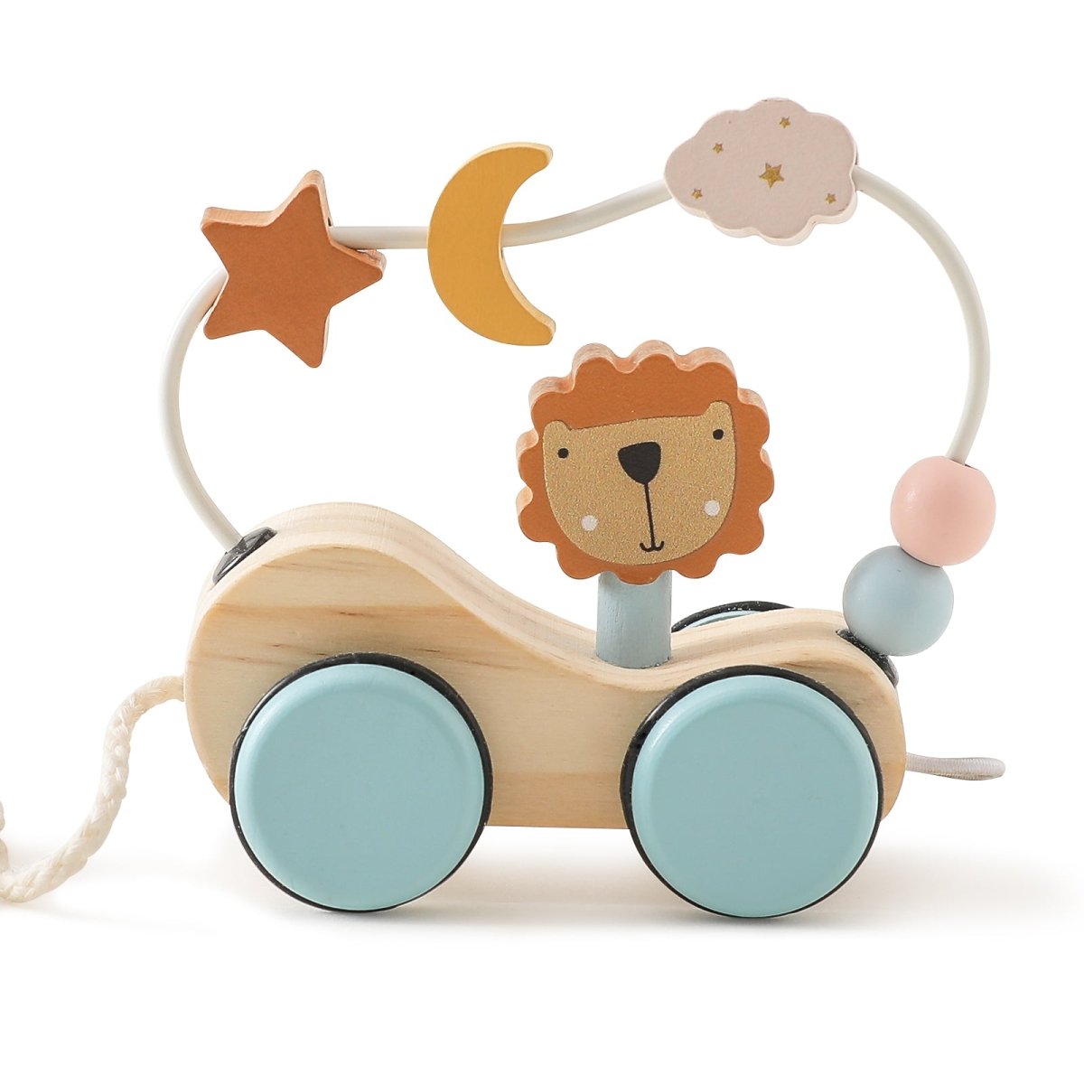 Feature highlights of wooden lion pull toy including smooth wheels and interactive bead elements