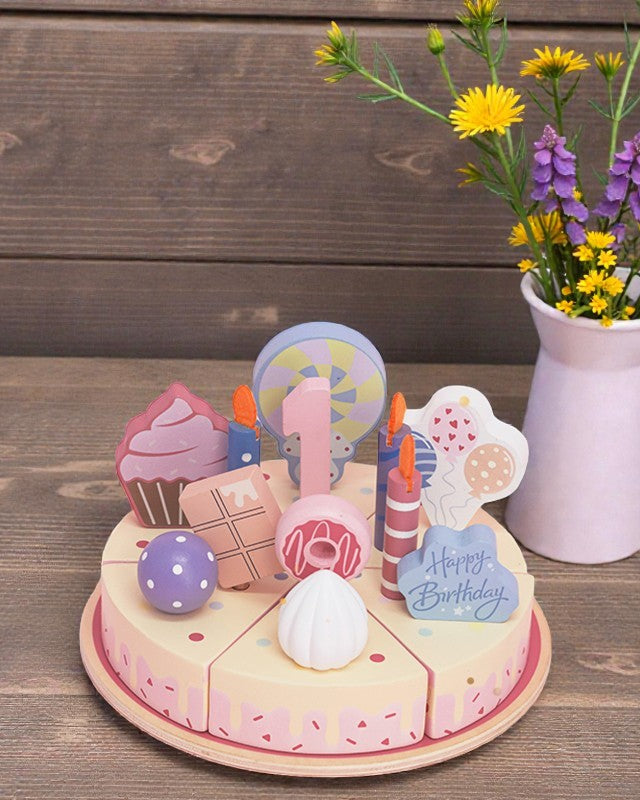 Non-toxic wooden cake set with velcro-connected slices for realistic cutting play