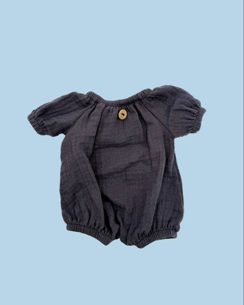 Navy muslin doll romper handcrafted in Poland, fits all 11–14 inch dolls including Bebenita and Minikane
