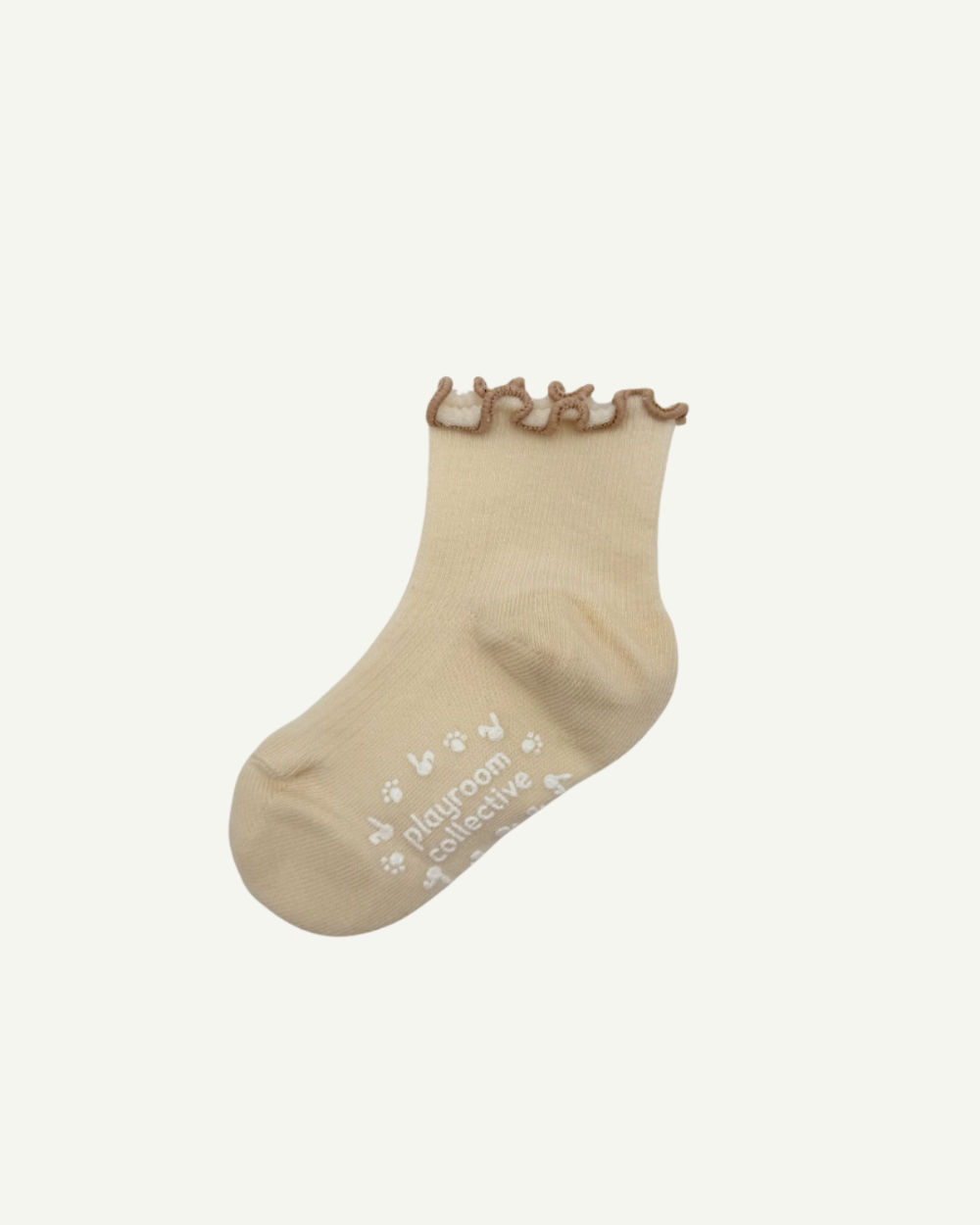 Oat beige ruffle trim socks made from OEKO-TEX certified cotton blend