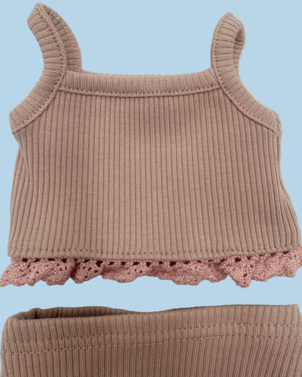 French made doll outfit two-piece ribbed cotton orchid pink with lace details