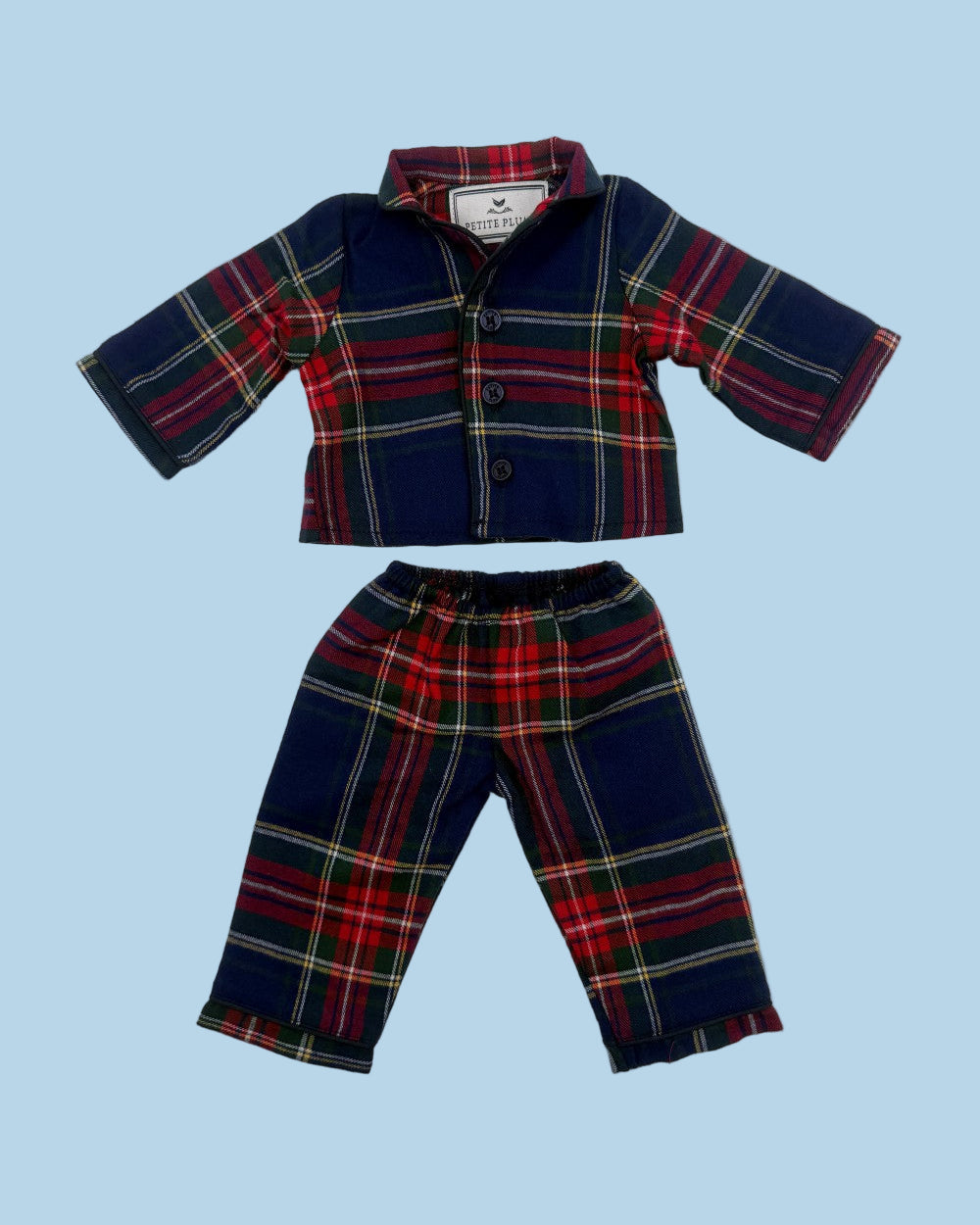 Windsor Tartan doll pajamas in sophisticated navy plaid matching children's sleepwear for 18-inch dolls
