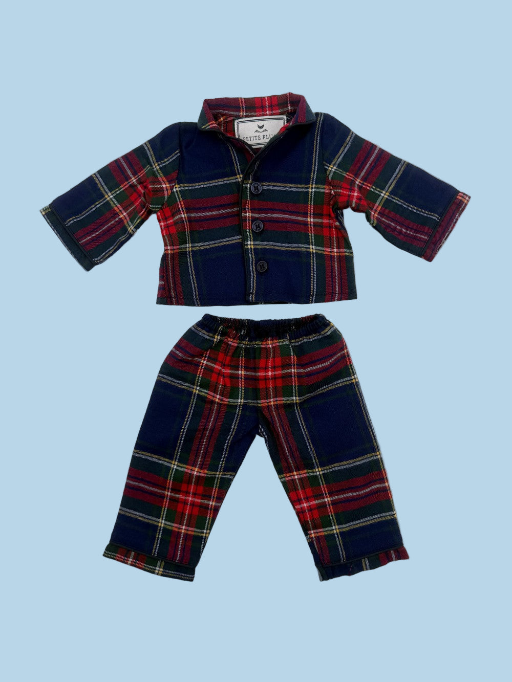 Windsor Tartan doll pajamas in sophisticated navy plaid matching children's sleepwear for 18-inch dolls