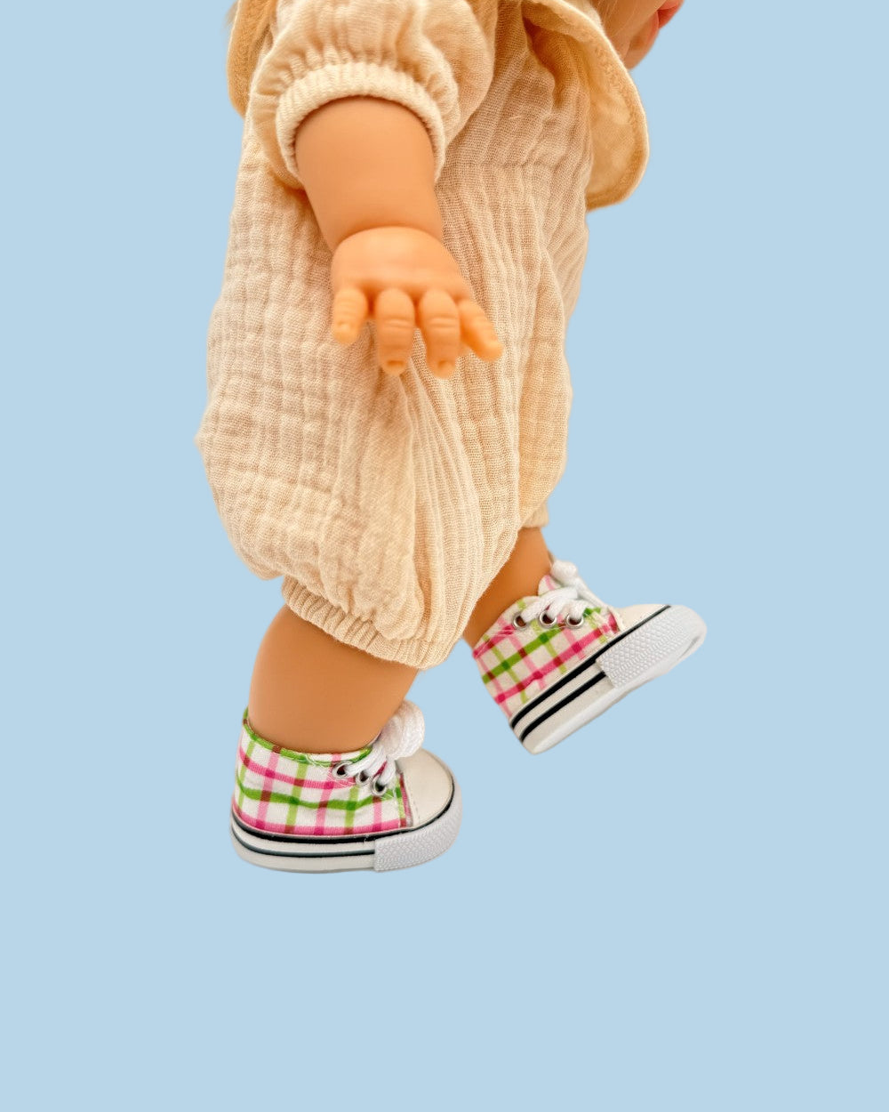 13 inch doll sneakers pink green plaid Minikane canvas high-top style