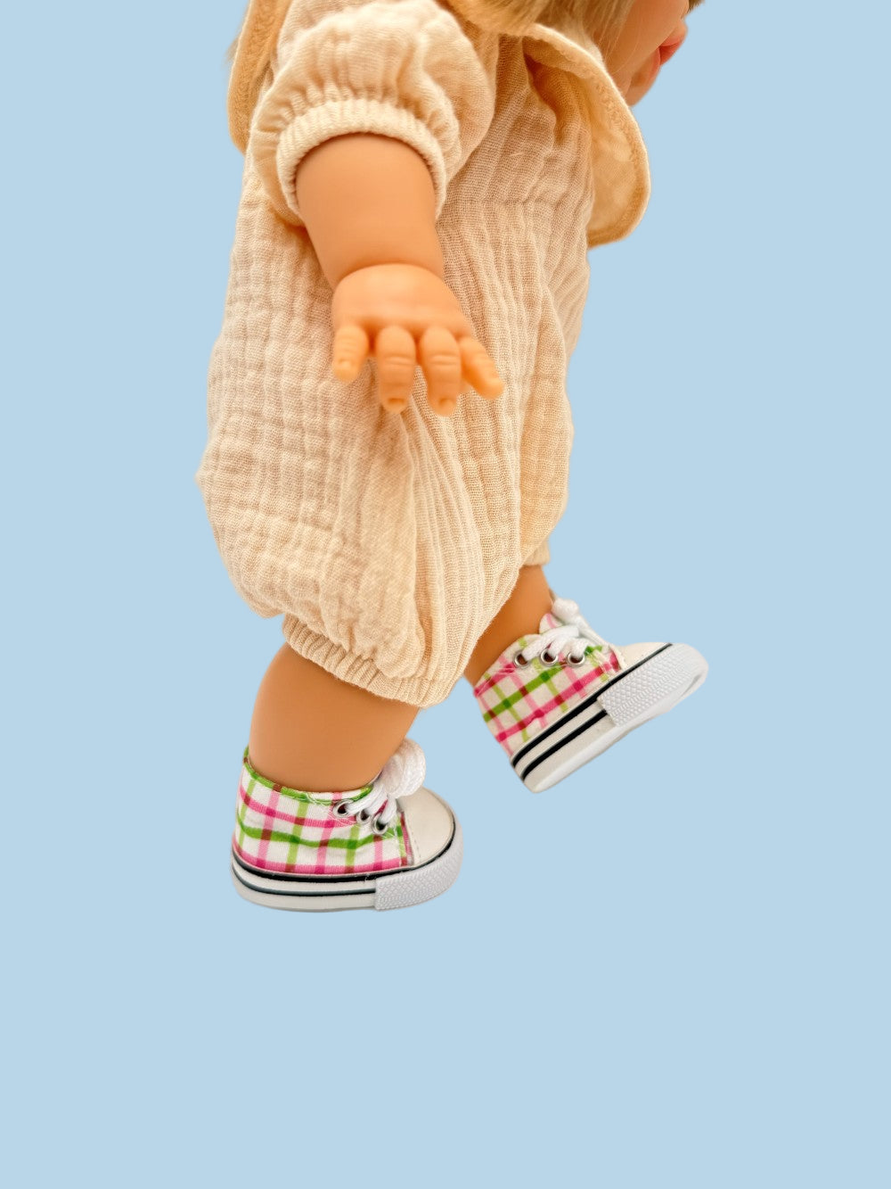 13 inch doll sneakers pink green plaid Minikane canvas high-top style