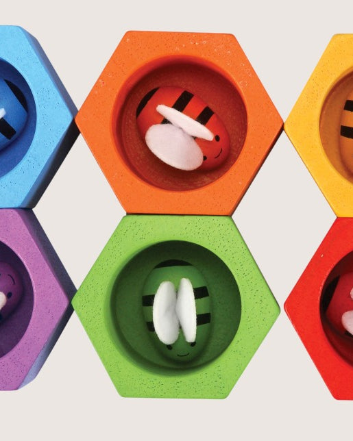 PlanToys Beehives award-winning wooden sorting toy with colorful bees and tongs