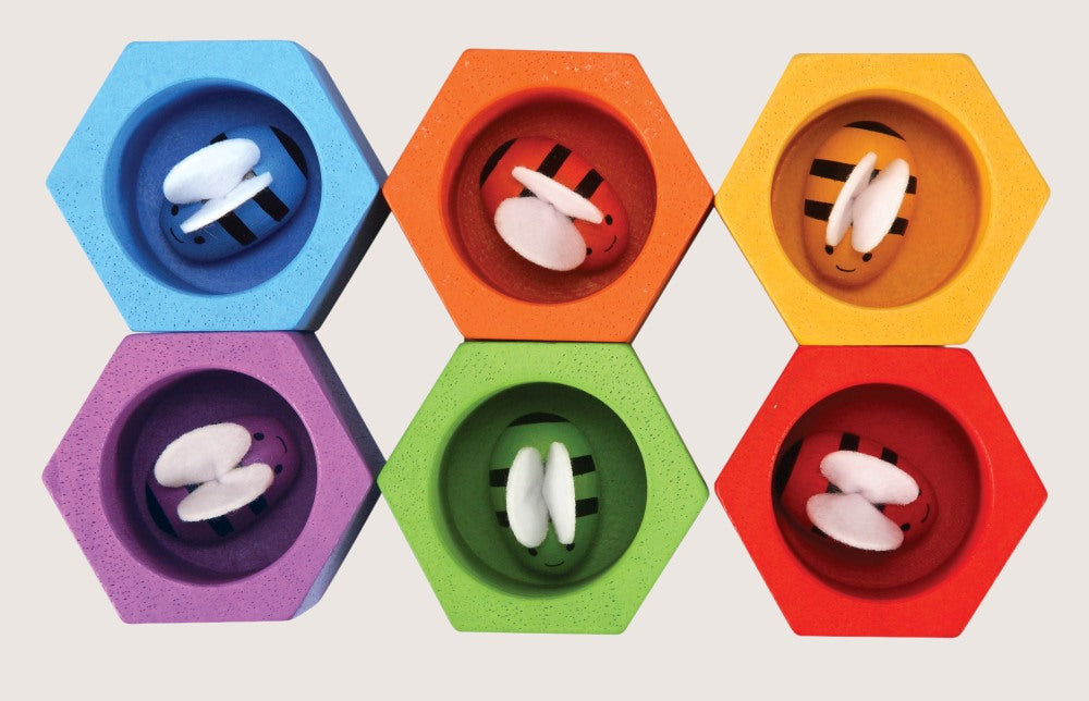 PlanToys Beehives award-winning wooden sorting toy with colorful bees and tongs