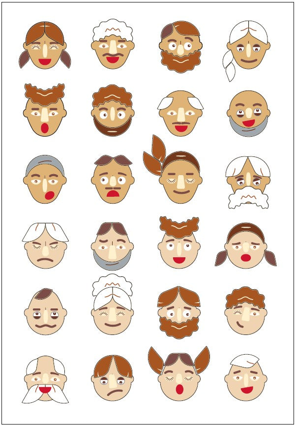 Collection of cartoon-style faces with various hairstyles and expressions on a white background
