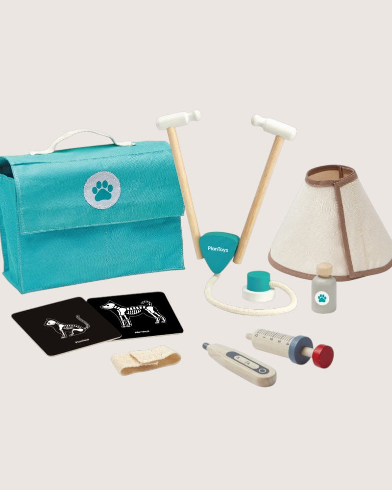PlanToys Vet Set wooden veterinarian pretend play kit with teal travel bag