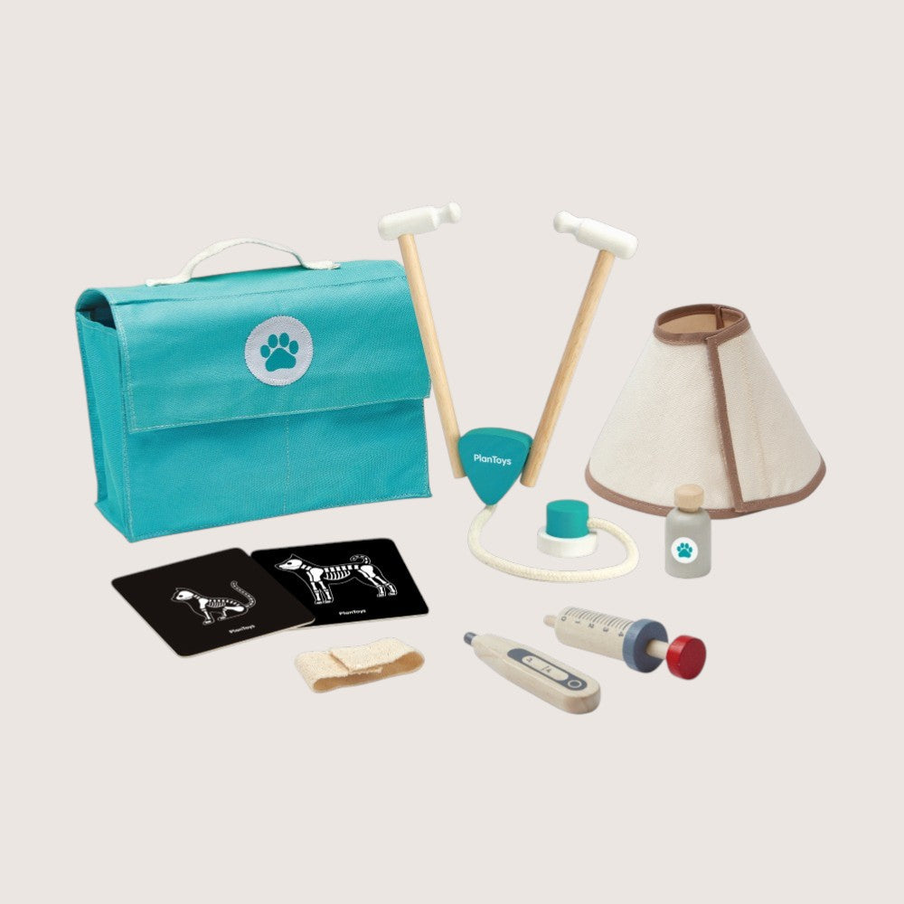 PlanToys Vet Set wooden veterinarian pretend play kit with teal travel bag