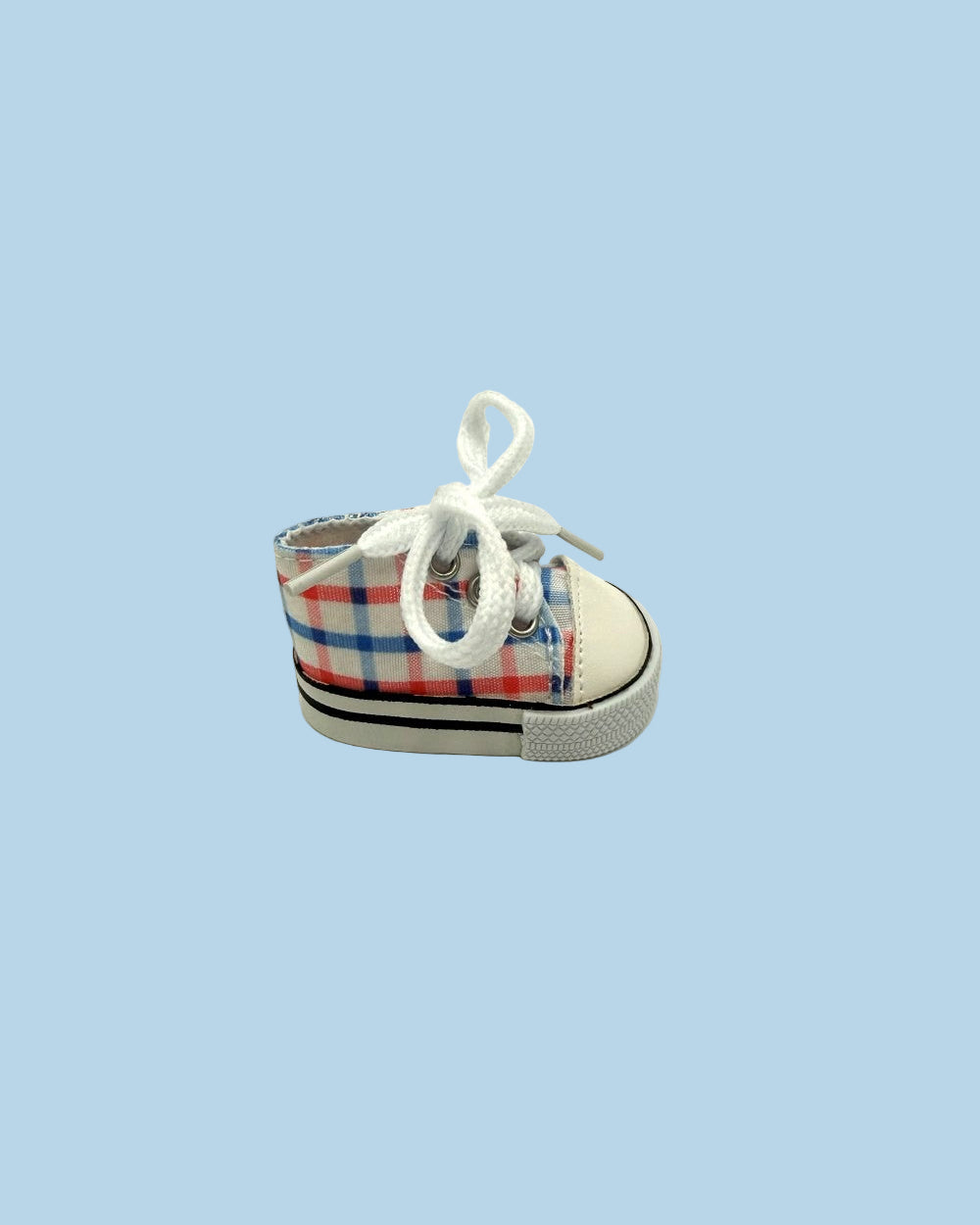 Doll sneakers red blue plaid canvas OEKO-TEX certified 13 inch operational laces