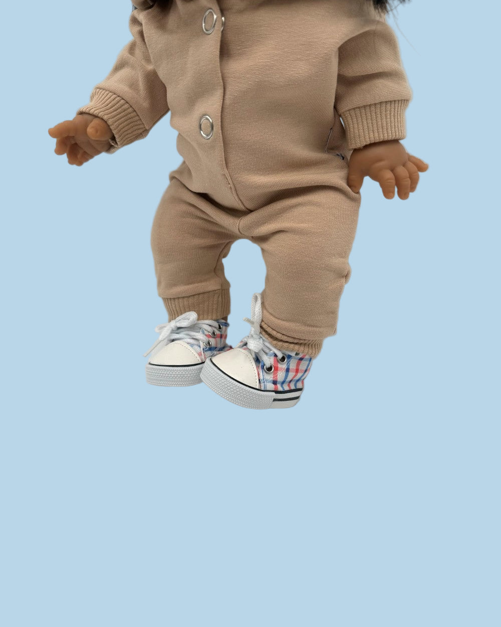 OEKO-TEX certified doll sneakers red blue plaid canvas Minikane 13 inch