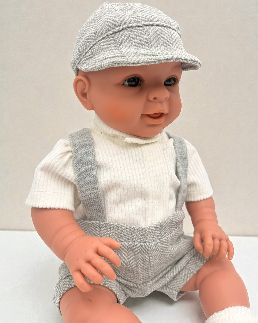 European-quality 18" boy doll in vintage grey overalls with hand-constructed articulated limbs