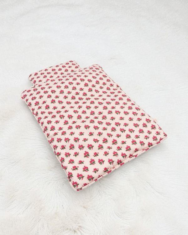 Rosie Rose doll bedding set with vintage pink rose print tote bag, blanket and pillow displayed together