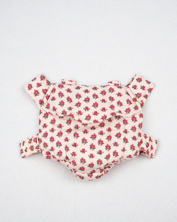 Rosie Rose doll carrier with vintage pink rose print fabric and comfortable scrunch straps for hands-free doll carrying