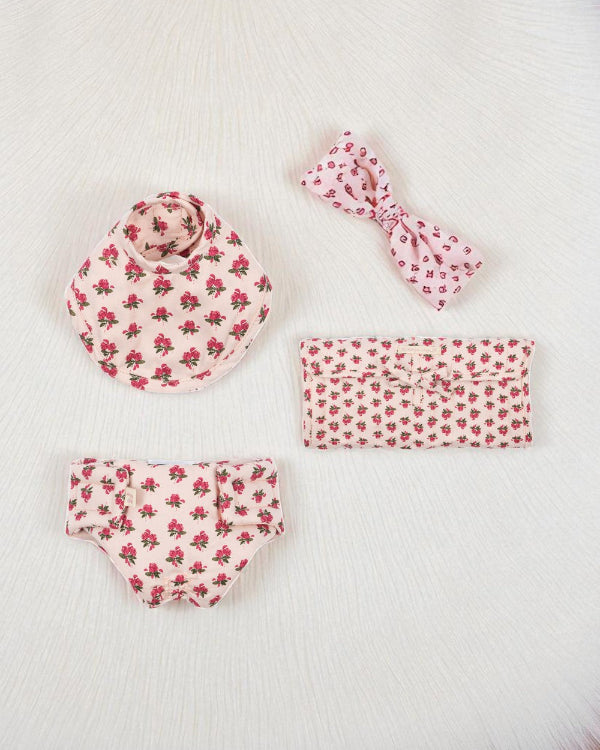 Rosie Rose nursery set with vintage pink rose print bib, diaper, muslin cloth and tote bag arranged together