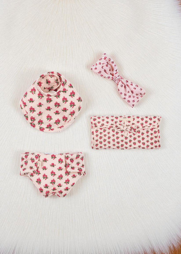 Rosie Rose nursery set with vintage pink rose print bib, diaper, muslin cloth and tote bag arranged together