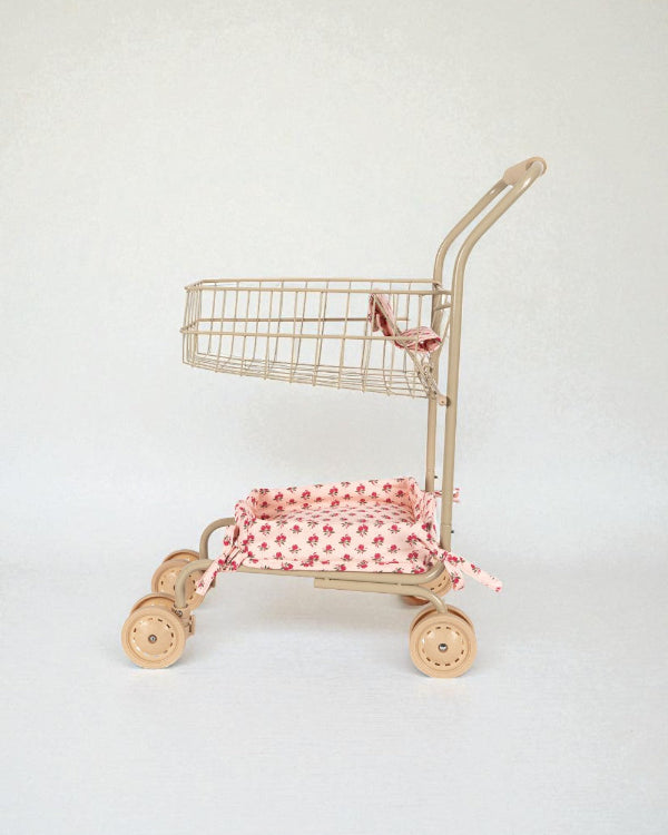 Rosie Rose kids shopping cart with pink floral print fabric featuring delicate roses, champagne metal frame and smooth-rolling wheels