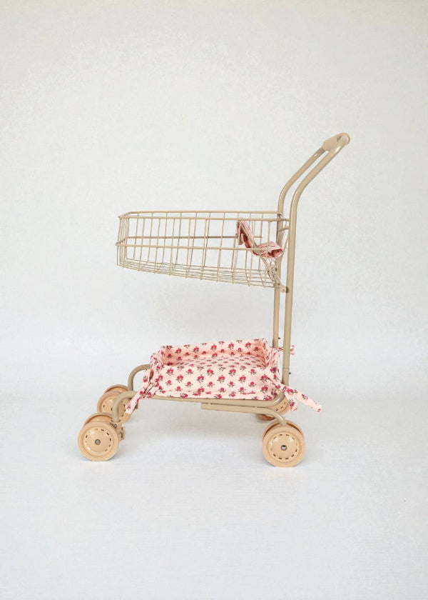 Rosie Rose kids shopping cart with pink floral print fabric featuring delicate roses, champagne metal frame and smooth-rolling wheels