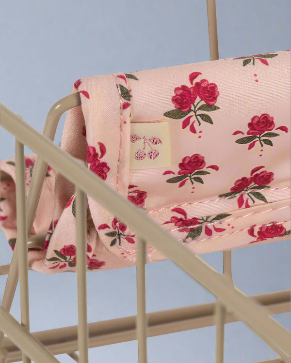 Premium recycled cotton blend fabric in Rosie Rose print showing sustainable textile quality and vintage floral design artistry